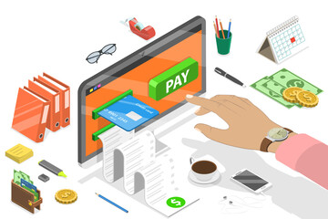 Flat isometric  concept of bill payment, shopping, online banking.
