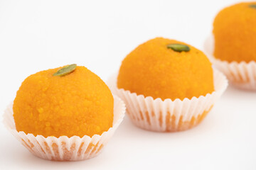 Indian Mithai Motichoor Boondi Laddu Made Of Gram Flour Besan In Desi Ghee Or Clarified Butter. Festive Food For Deepavali, Rakshabandhan, Navratri, Dussehra, Vijyadashmi, Diwali, Deepavali, Holi