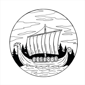 Viking boat at sea. Nordic Drakkar, Swedish warship. Longship with oars. Cartoon scandinavian sailboat