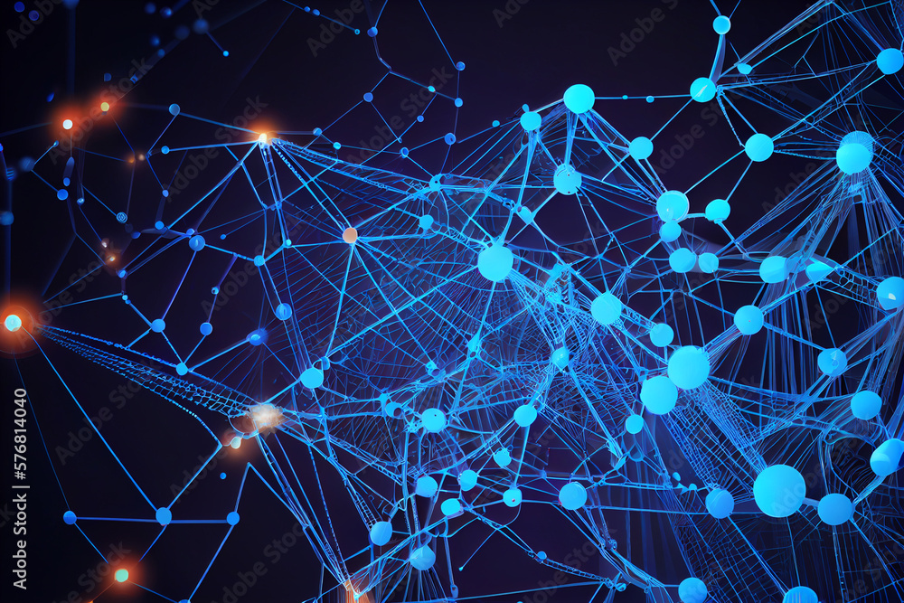 Poster blockchain network - abstract connected dots on bright blue background. internet connection, abstrac