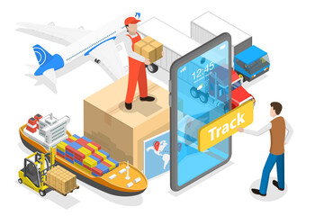 3D Isometric Flat  Conceptual Illustration of Mobile App.