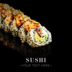 Japanese Vegan sushi roll with mirror reflection isolated on black background. Asian dish with radish, cucumber and dried tomatoes. Ready square advertising banner with text and copy space