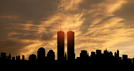 New York skyline silhouette with Twin Towers and birds flying up like souls at sunset. 09.11.2001 American Patriot Day banner. - obrazy, fototapety, plakaty