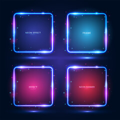 A set of square neon frames with shining effects, highlights on a dark blue background. Futuristic modern neon glowing banners. Vector illustration.
