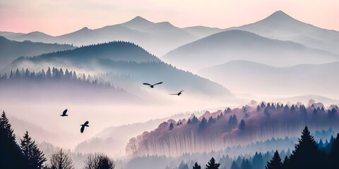 Foggy Mountain Tops at Dawn, flying birds, Serene Hills Silhouettes in the Mist, Dreamy Nature Scene, generative ai