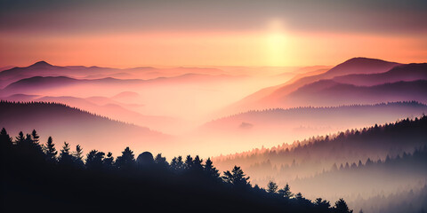 Obraz premium Majestic Sunrise in the Misty Mountains, Landscape with silhouettes of hills, Nature Scenery with Foggy Atmosphere, generative ai
