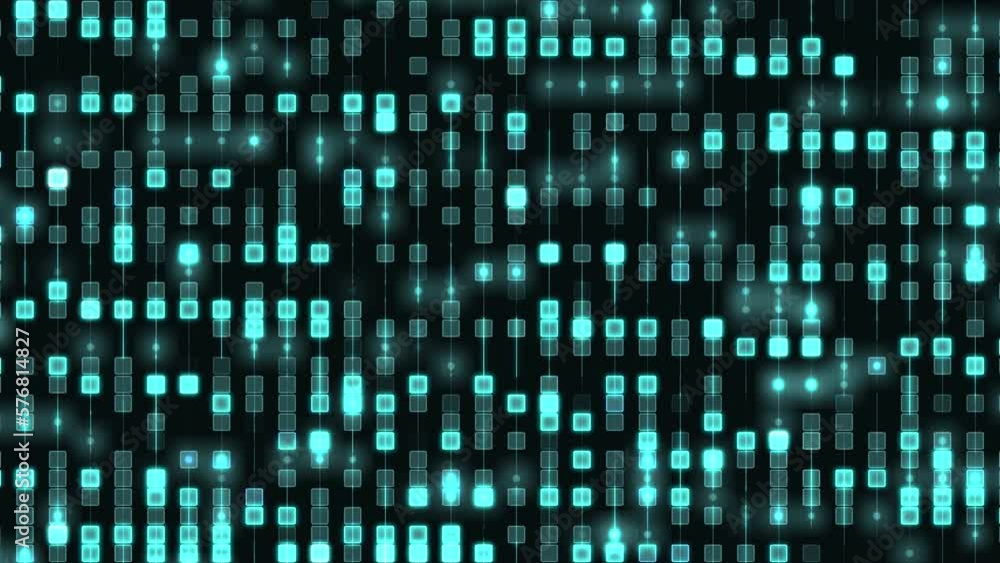 Poster electronic circuit image cyber motion background with blinking turquoise green square dots at 60fps