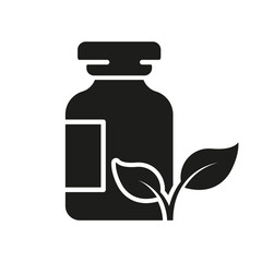 Pharmaceutical Organic Ingredient in Bottle with Plant Silhouette Icon. Botany Medical Cosmetic Product Glyph Pictogram. Pharmacy Health Care Icon. Herbal Medicine Sign. Isolated Vector Illustration