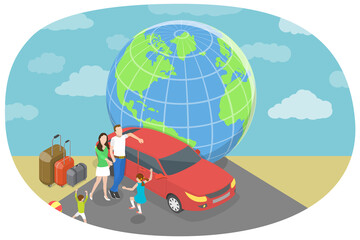 Fototapeta premium 3D Isometric Flat Conceptual Illustration of Car Family Trip.