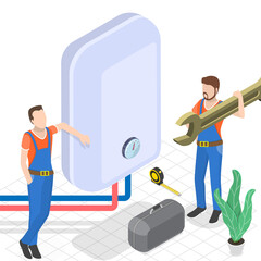 3D Isometric Flat  Conceptual Illustration of Boiler Repair