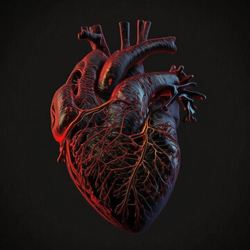 Realistic human heart on a black background, generative AI