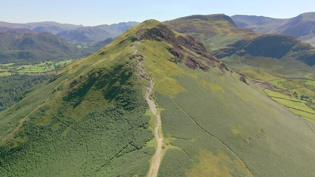 Aerial view of the hiking trail to the top of Catbells in the English Lake District (Keswick)