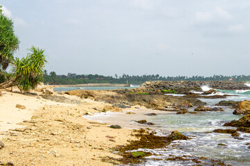Beautiful tropical landscape. A stone ocean shore with waves and rocks. Beautiful texture background for tourism, design and advertising