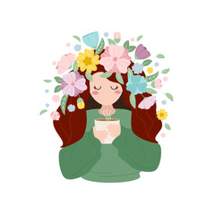 The girl in the flower wreath drinks coffee or tea. The concept of love for herself, peace, spring, harmony. Vector illustration.