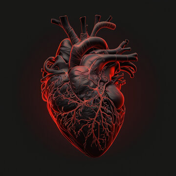 Realistic human heart on a black background, generative AI
