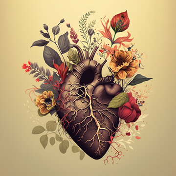 Human heart with flowers, heart and flower concept, realistically painted heart with floral design , generative AI