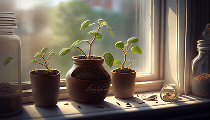 Young seedlings in clay jars on the windowsill. Preparation for the garden season. The beginning of spring. High quality illustration. Generated by neural network. Generative Ai