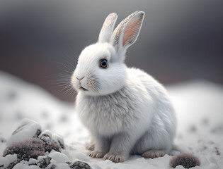 Photo of cute white snow rabbit on glacial generative ai