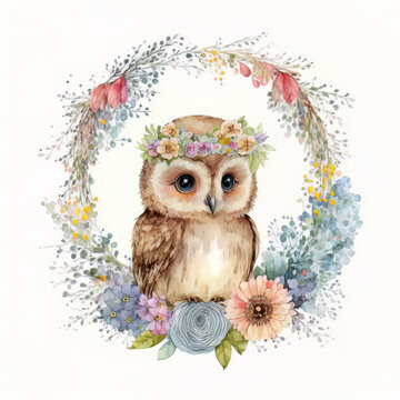 Watercolor forest cartoon isolated cute baby owl animal. Illustration AI Generative