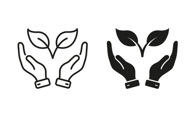 Hand Holds Organic Leaf Line and Silhouette Icon Set. Germinating Eco-Agriculture Pictogram. Cultivation Greenery Ecology Plant Symbol Collection on White Background. Isolated Vector Illustration