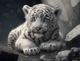 Photo of cute white snow tiger on glacial generative ai