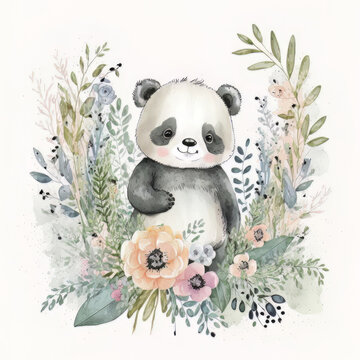 cute watercolor baby panda portrait on white background. Illustration AI Generative
