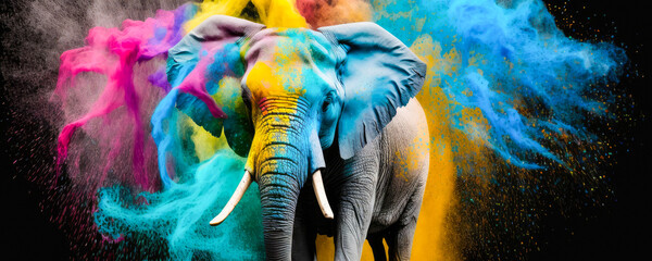 Elephant colorful, festival of colors, powder explosion background