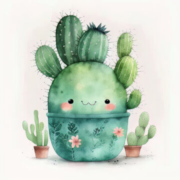 cute watercolor cactus on white background. Illustration AI Generative