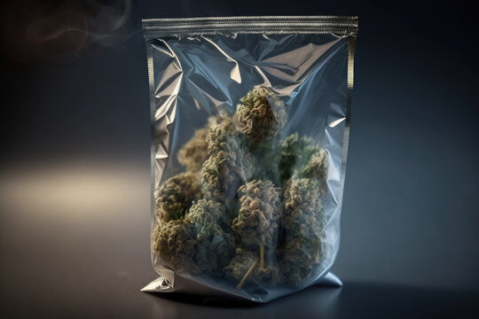 sealed little plastic bag of cannabis buds or marijuana on a table