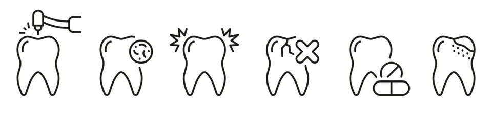 Tooth Drilling, Dental Procedure Line Icon Set. Cracked Teeth, Orthodontic Care Linear Pictogram. Tooth Caries. Dentistry Symbol. Dental Treatment Sign. Editable Stroke. Isolated Vector Illustration