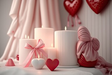 On a white wooden table are pink candles and gifts wrapped in red ribbons and decorated with red hearts. The background is a tulle in a pretty pink color. Blanket copy space. Valentine's Day