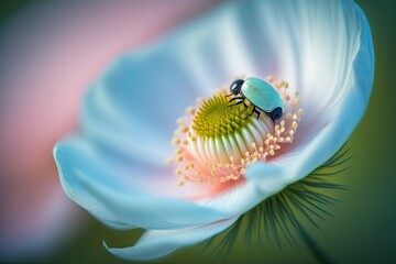 Fototapeta premium Macro, soft focus image of a pink anemone flower and a ladybug in the spring outdoors, against a blue sky. A magical, artistic, floral wallpaper depicting the softness and beauty of springtime