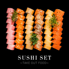Set of different types of sushi rolls. A lot of sushi isolated on black background with text and copy space. Ready square restaurant menu banner. Assortment of dragon and inside out rolls