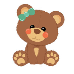 Ilustracion vectorial de juguete, osito de peluche con lazo azul en una oreja. Diseño png 300 dpi