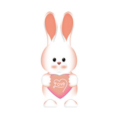 Ilustracion vectorial de juguete, lindo conejito de peluche  abrazando un corazon de amor. Diseño png 300 dpi