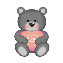 Ilustracion vectorial de juguete, osito de peluche gris abrazando un corazon de amor. Diseño png 300 dpi