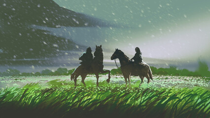 silhouette  of a man and  a woman sitting on horses in the middle of the green fields., digital art style, illustration painting