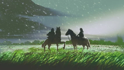 Fototapeten silhouette  of a man and  a woman sitting on horses in the middle of the green fields., digital art style, illustration painting © grandfailure
