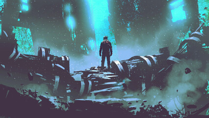 futuristic man standing on a large pile of scrap metal pieces., digital art style, illustration painting