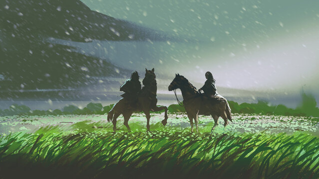 Fototapeta silhouette  of a man and  a woman sitting on horses in the middle of the green fields., digital art style, illustration painting