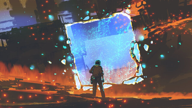 Fototapeta A mechanic standing looking at the cracks in the glowing blue translucent wall., digital art style, illustration painting