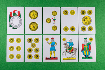 Italian playing cards, sicilian deck coins suit - obrazy, fototapety, plakaty