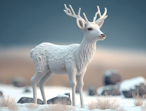 Photo of cute white snow deer on glacial generative ai
