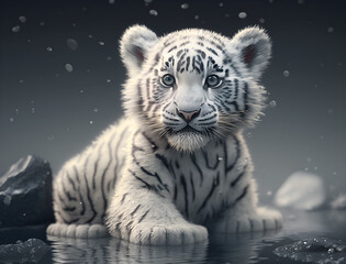 Photo of cute white snow tiger on glacial generative ai