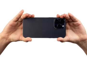 Purple smartphone in hands with triple camera