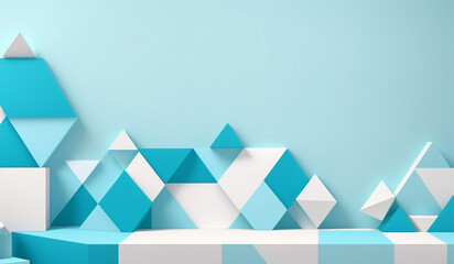 Minimal scene with podium and abstract background. Pastel blue and white colors scene. Trendy designs for social media banners, promotion, cosmetic product show. Geometric shapes interior.