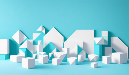 Obraz premium Minimal scene with podium and abstract background. Pastel blue and white colors scene. Trendy designs for social media banners, promotion, cosmetic product show. Geometric shapes interior.