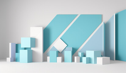 Minimal scene with podium and abstract background. Pastel blue and white colors scene. Trendy designs for social media banners, promotion, cosmetic product show. Geometric shapes interior.