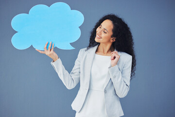 Speech bubble, thought and comment icon by businesswoman thinking with mockup, product placement....