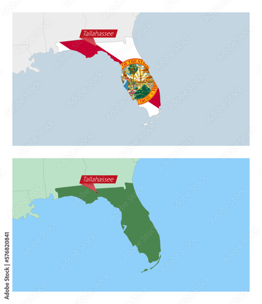 Wall mural florida map with pin of country capital. two types of florida map with neighboring countries.